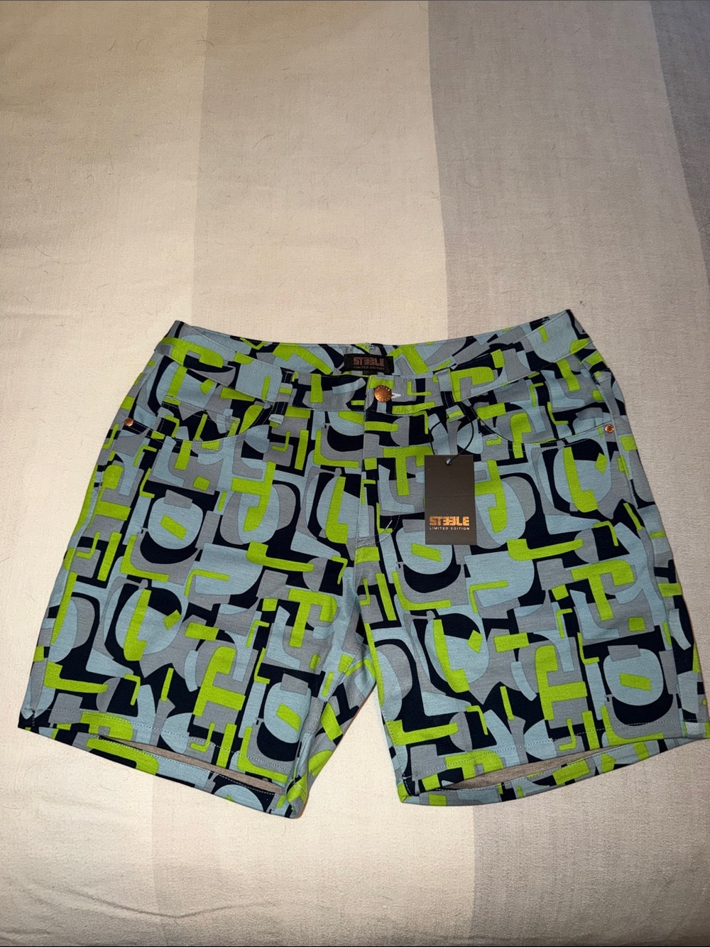 Men's Flat Front Shorts in Neon Yellow & Black Geometric Print